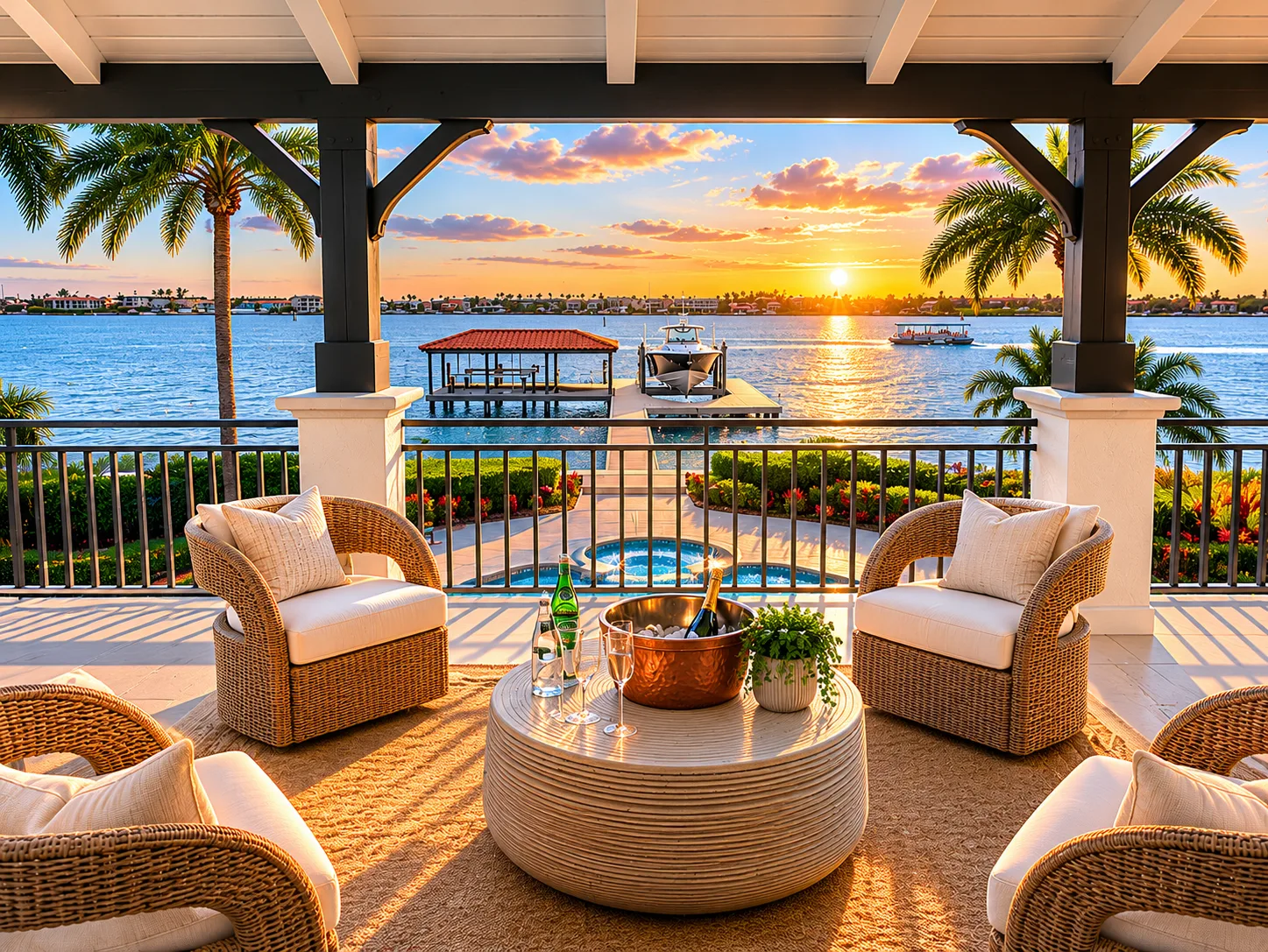 Covered waterfront pavilion at sunset, view across Anna Maria Sound to the private dock