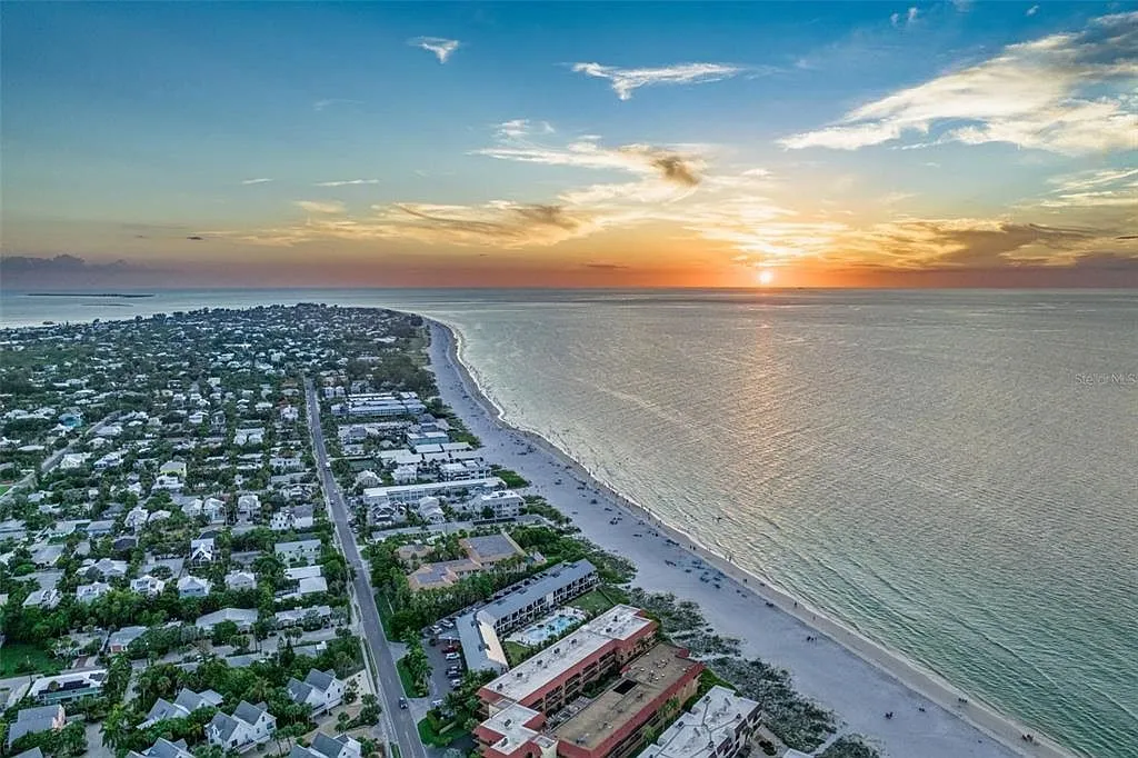 Aerial view of Anna Maria Island coastline at sunset